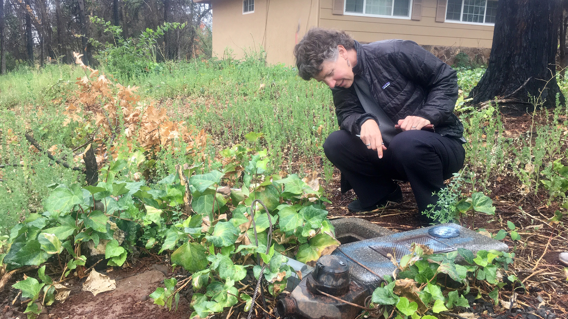 Public health investigator Dr. Gina Solomon examines a water meter in Paradise. Her team will do the first testing for the carcinogen benzene inside homes left standing by the Camp Fire.